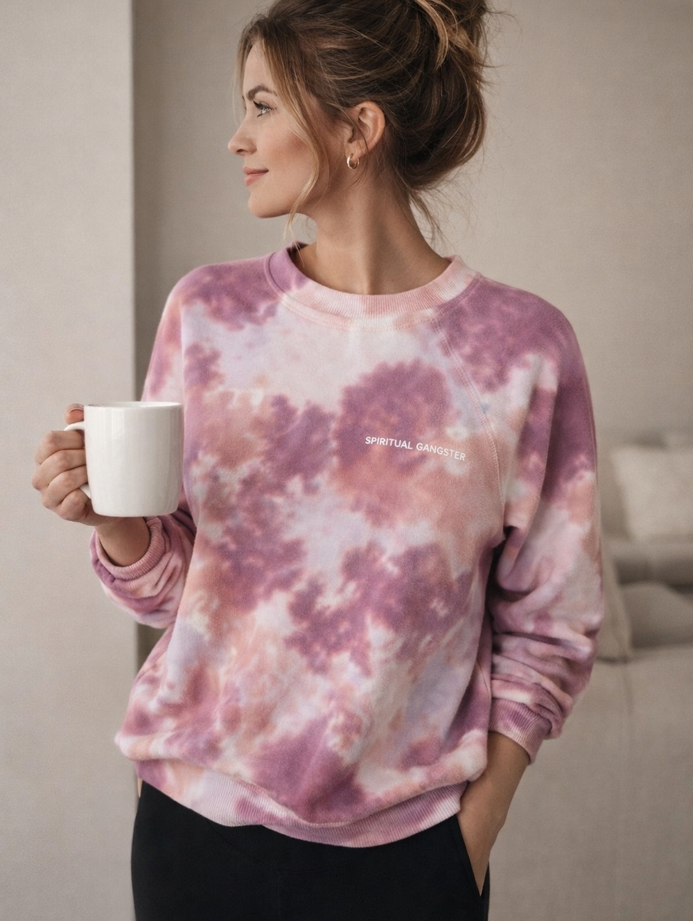 Spiritual Gangster Tie Dye Raglan Pullover Sweatshirt Pink Purple Dust Storm XS